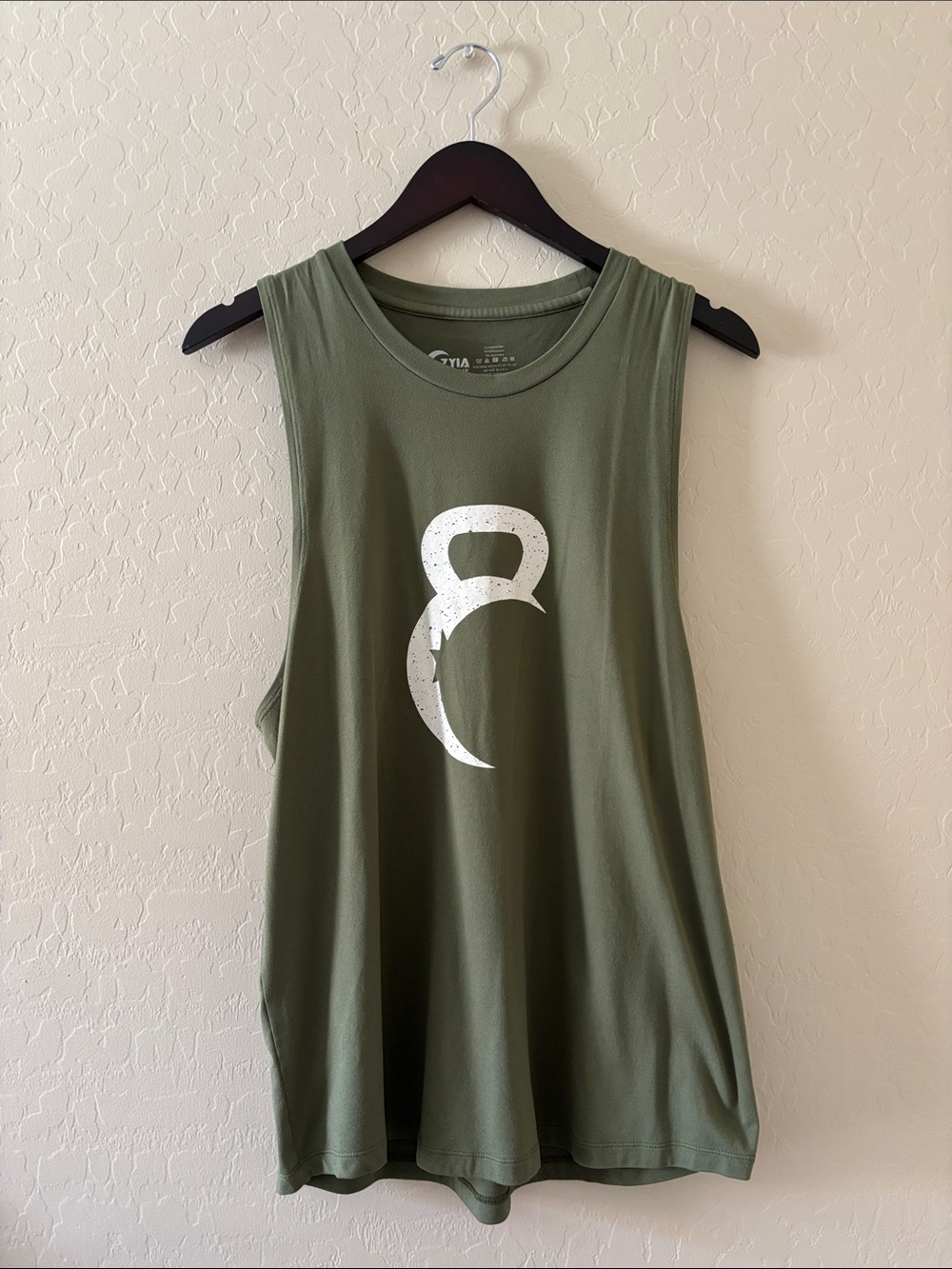 Zyia Olive Green Muscle Tank Top with Kettlebell Graphic